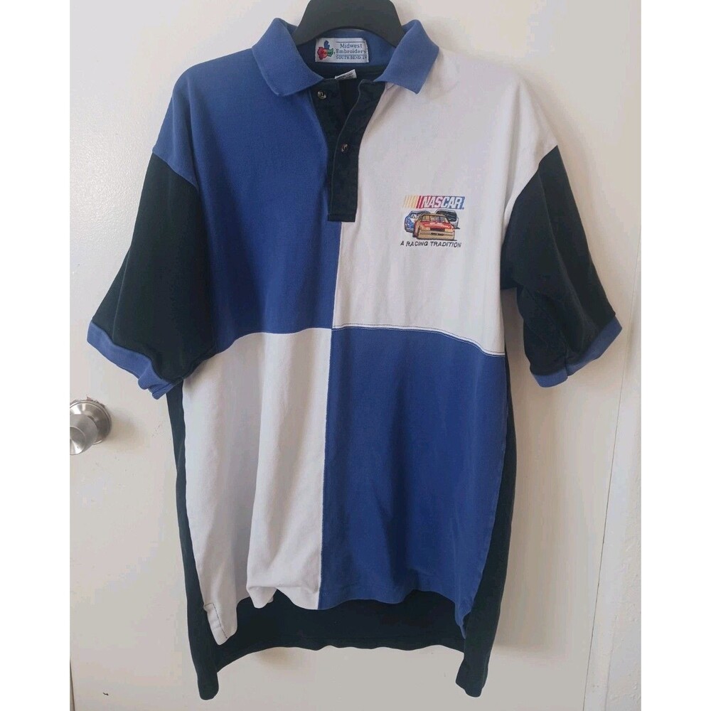 Vtg NASCAR Polo Shirt XL Colorblock Blue Black White Y2K Embroidered Racing